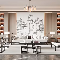 Traditional Chinese Living Room Interior With Sofa Coffee Table Chandelier Wall Mural And Display Shelves