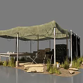 Outdoor Green Canvas Tent Structure With Table Equipment Grass And Stones