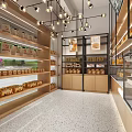 Cozy Bakery Interior With Fresh Bread On Wooden Shelves Glass Display Cases And Ceiling Lights