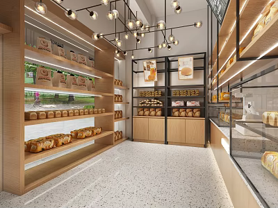 Cozy Bakery Interior With Fresh Bread On Wooden Shelves Glass Display Cases And Ceiling Lights 3d model