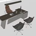 Modern Office Desk With Wooden Tabletop White Drawers Two Gray Chairs Hanging Lamp And Laptop