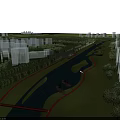 Urban Waterfront Landscape Design With River Pathways Green Areas Trees Boats And City Buildings