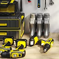 Hardware Tools Various Types with Drills Wrenches Screwdrivers Organized on Wall and Table 3d model