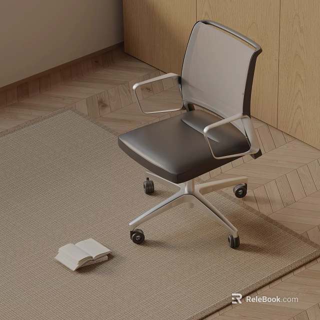 Ergonomic Massage Chair With Black Leather Seat Silver Armrests And Wheels On Wooden Floor Carpet 3d model 