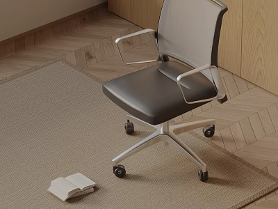 Ergonomic Massage Chair With Black Leather Seat Silver Armrests And Wheels On Wooden Floor Carpet 3d model