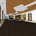 Modern Shop Front Desk With Wooden Ceiling Arched Doors Display Cabinets And Green Plants