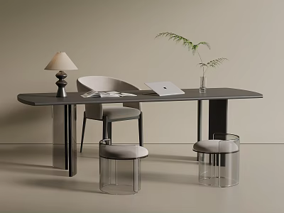 Modern Desk Setup With Lamp Laptop Chair And Transparent Stools 3d model