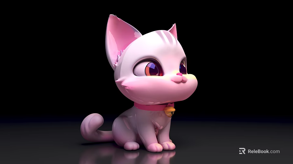 Cute White Cat Plush With Pink Ears Purple Eyes Pink Collar And Gold Bell 3d model 