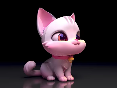 Cute White Cat Plush With Pink Ears Purple Eyes Pink Collar And Gold Bell 3d model