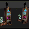 Vintage Wooden Shelves With Potted Plants Radio And Decorative Storage Boxes