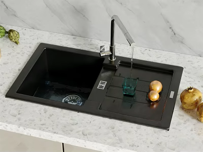 Black Kitchen Sink With Faucet Water Dripping Draining Board And Vegetables On Marble Countertop 3d model