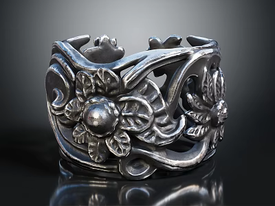 Intricate Silver Carved Floral Pattern Bracelet With Metal Decorative Design 3d model