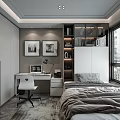 Tatami Bedroom Interior Design With Desk Chair Bookshelf Window And Wall Paintings