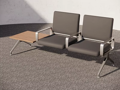 Two Seat Outdoor Chairs With Gray Fabric Upholstery Silver Metal Frame And Wooden Side Table 3d model
