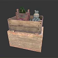 Stacked Wooden Crates With Decorative Box And Patterned Jar Inside Top Crate
