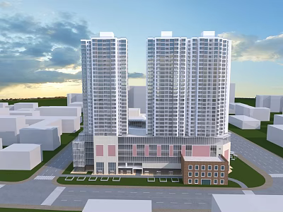 Modern Tall Residential Towers With Surrounding Low Rise Buildings Green Area And Road 3d model