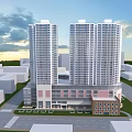 Modern Tall Residential Towers With Surrounding Low Rise Buildings Green Area And Road