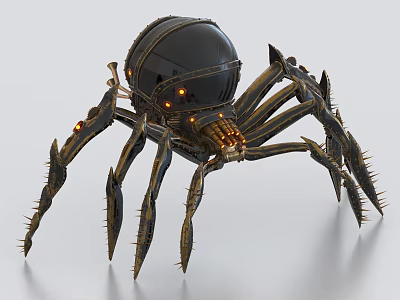 Spider Shaped Industrial Equipment Featuring Black Spherical Body Spiked Metal Legs and Orange Lights 3d model
