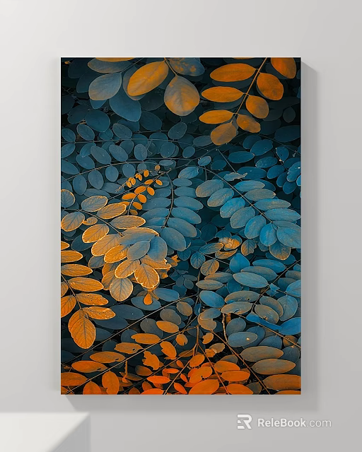 Vibrant Abstract Painting With Blue Orange Foliage And Layered Textured Design 3d model 