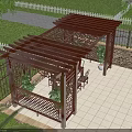 Outdoor Garden Pavilion with Wooden Lattice Structure Table Chairs Stone Wall and White Tile Floor