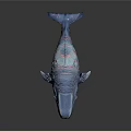 Detailed Blue Whale Sculpture With Red Stripes Open Mouth On Dark Background
