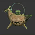 Vintage Handcrafted Horse Shaped Ceramic Water Vessel With Red Handle And Three Legs