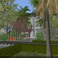Road Facilities Featuring Palm Trees Greenery Blue Traffic Sign Pathway Hedges And Modern Building