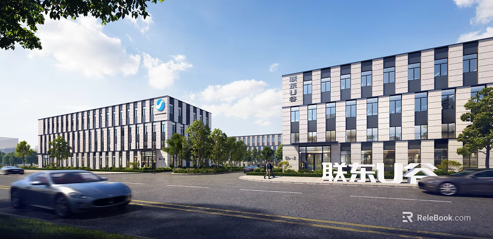 Modern Office Building Exterior With Glass Windows Greenery And Roadside View 3d model 
