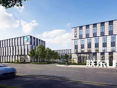 Modern Office Building Exterior With Glass Windows Greenery And Roadside View 3d model