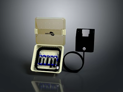 Clear Cover Connection Box Containing Blue Components With Black Square Device And Ring 3d model