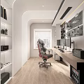 Modern Gaming Study Room With Pink Gaming Chair Dual Monitors Desk Bookshelf And Wall Decorations
