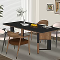 Modern Dining Table Set with Wooden Chairs Vase Flowers Fruit Bowl Near Window Plant