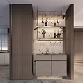 Modern Sideboard Design With Display Shelves Wine Bottles Vase And Marble Wall
