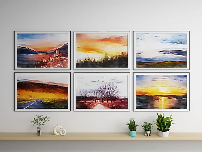 Six Framed Oil Paintings With Landscape Scenes Hung On Wall For Home Decor 3d model