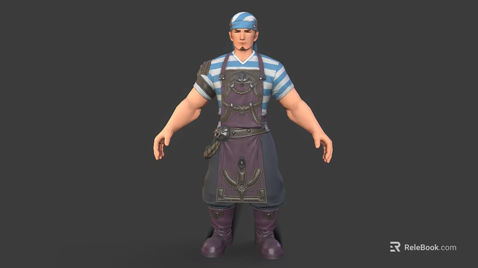 Muscular Male Character With Blue Headband And Eagle Emblem Apron In Striped Clothing And Boots 3d model 