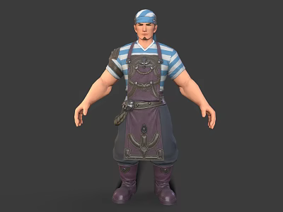 Muscular Male Character With Blue Headband And Eagle Emblem Apron In Striped Clothing And Boots 3d model