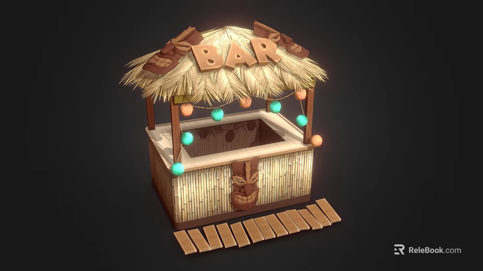 Tiki Bar Booth With Thatched Roof BAR Sign Colorful Lights Bamboo Structure And Wooden Steps 3d model 