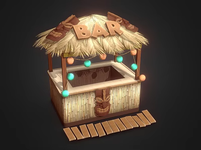 Tiki Bar Booth With Thatched Roof BAR Sign Colorful Lights Bamboo Structure And Wooden Steps 3d model