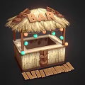 Tiki Bar Booth With Thatched Roof BAR Sign Colorful Lights Bamboo Structure And Wooden Steps