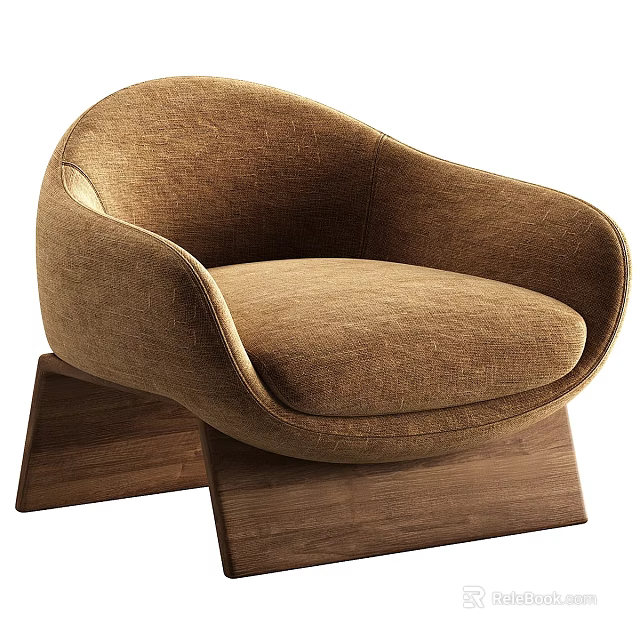 Brown Fabric Single Sofa With Modern Curved Design And Wooden Base 3d model