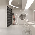 Modern Hair Salon Interior With White Styling Chairs Round Lights And Mirrors