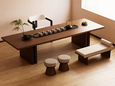 Minimalist Modern Wooden Tea Table with Tea Set Green Plant and Chair Stools Bench 3d model