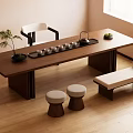 Minimalist Modern Wooden Tea Table with Tea Set Green Plant and Chair Stools Bench