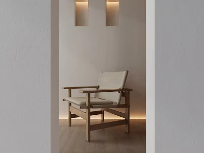 Minimalist Leisure Chair Featuring Wooden Frame Light Colored Cushion In Modern Room With Recessed Lighting 3d model