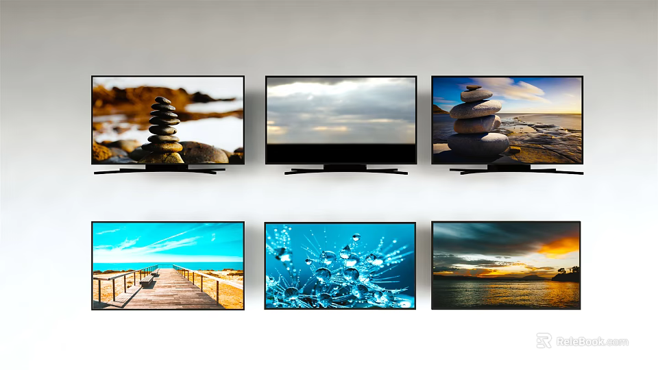 Six TVs Displaying Scenic Landscapes And Nature Scenes Arranged In Grid 3d model 