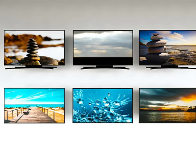 Six TVs Displaying Scenic Landscapes And Nature Scenes Arranged In Grid 3d model
