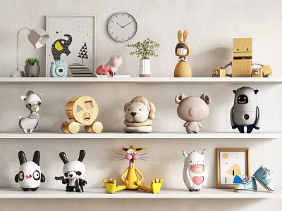 Variety Of Cute Toys Arranged On White Shelves With Decor 3d model