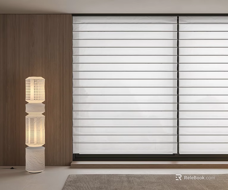 White Venetian Blinds in Modern Interior with Wooden Wall Panel and Stylish Floor Lamp 3d model 