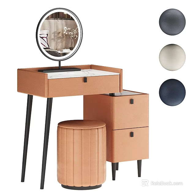 Tan Dressing Table With Round Mirror Drawers Matching Stool And Multiple Color Options 3d model