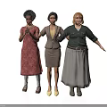 Three Women Standing Together In Different Stylish Outfits Dresses Skirt Suits and Long Skirts